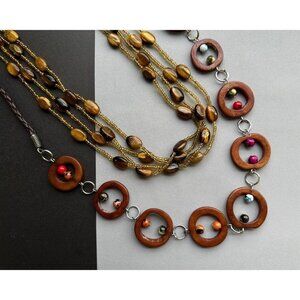 Vintage Art Glass Amber Beads Necklace 21”, wooden rings with balls necklace 28”